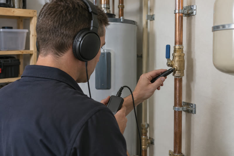 Contact listening probe applied to accessible water pipework.