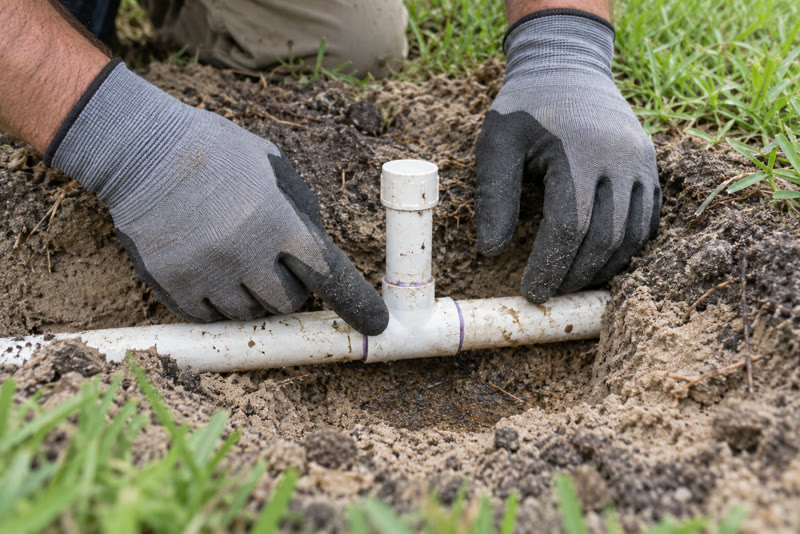 Gloved hands inspecting a capped PVC irrigation lateral and tee in shallow opened soil.