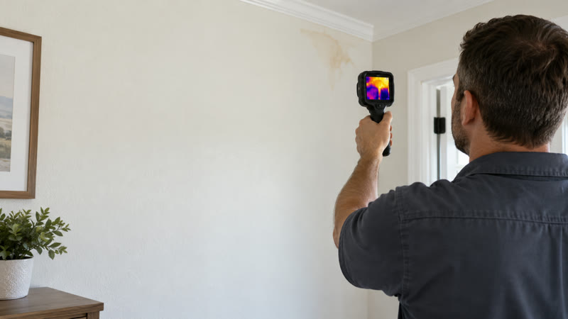Handheld thermal camera aimed at a moisture mark near a ceiling.