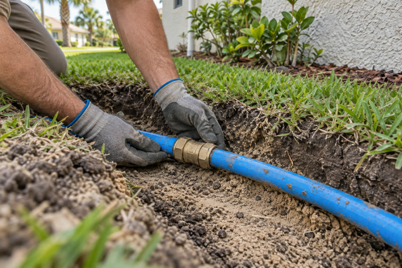 A domestic blue water service pipe and coupling exposed in a shallow lawn opening.