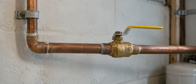 Copper water supply pipework with a brass shutoff valve.